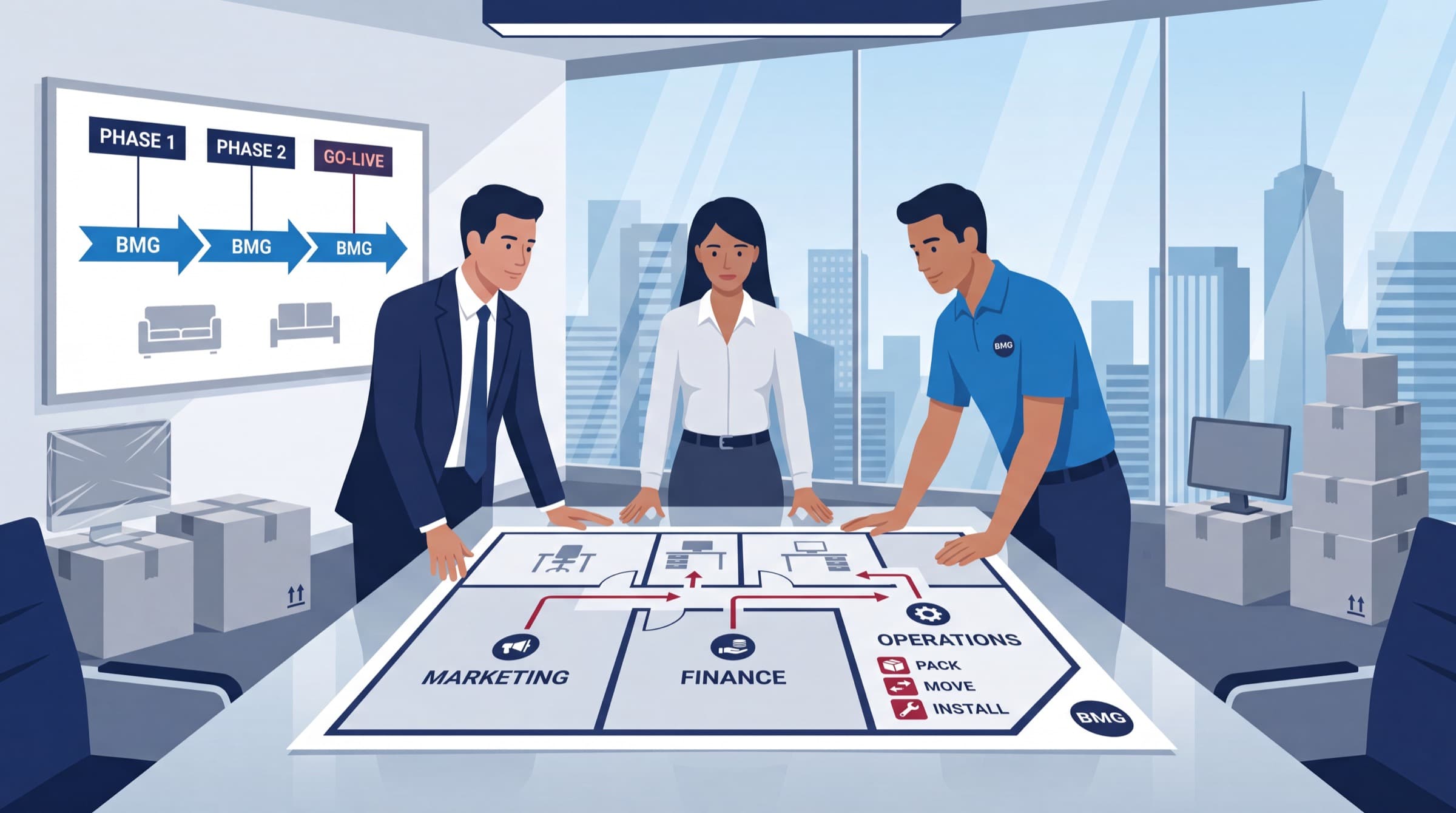 Business Moving Group project manager reviewing a business relocation strategy floor plan with corporate stakeholders.