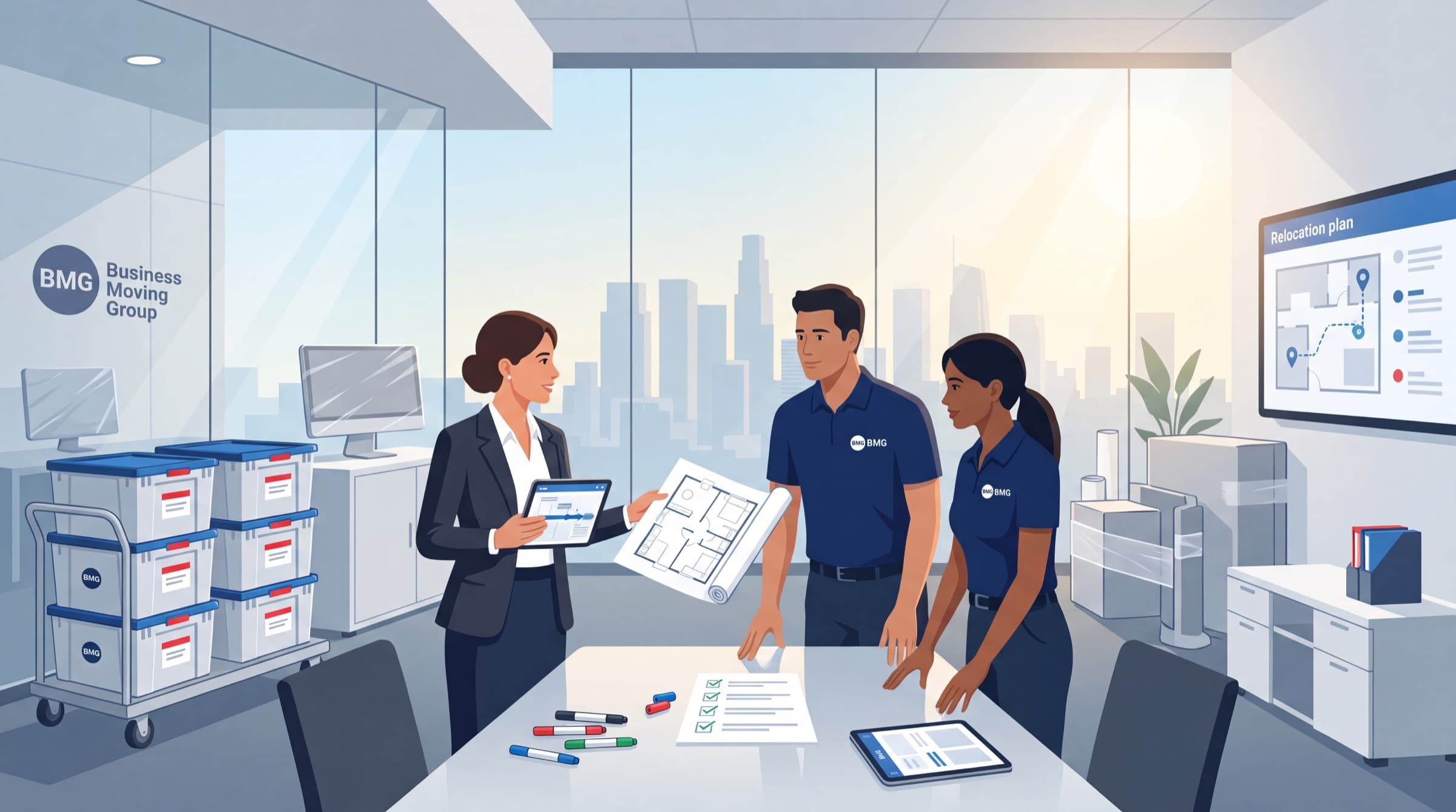 Business Moving Group team planning business relocation services with a facility manager in a Los Angeles office.