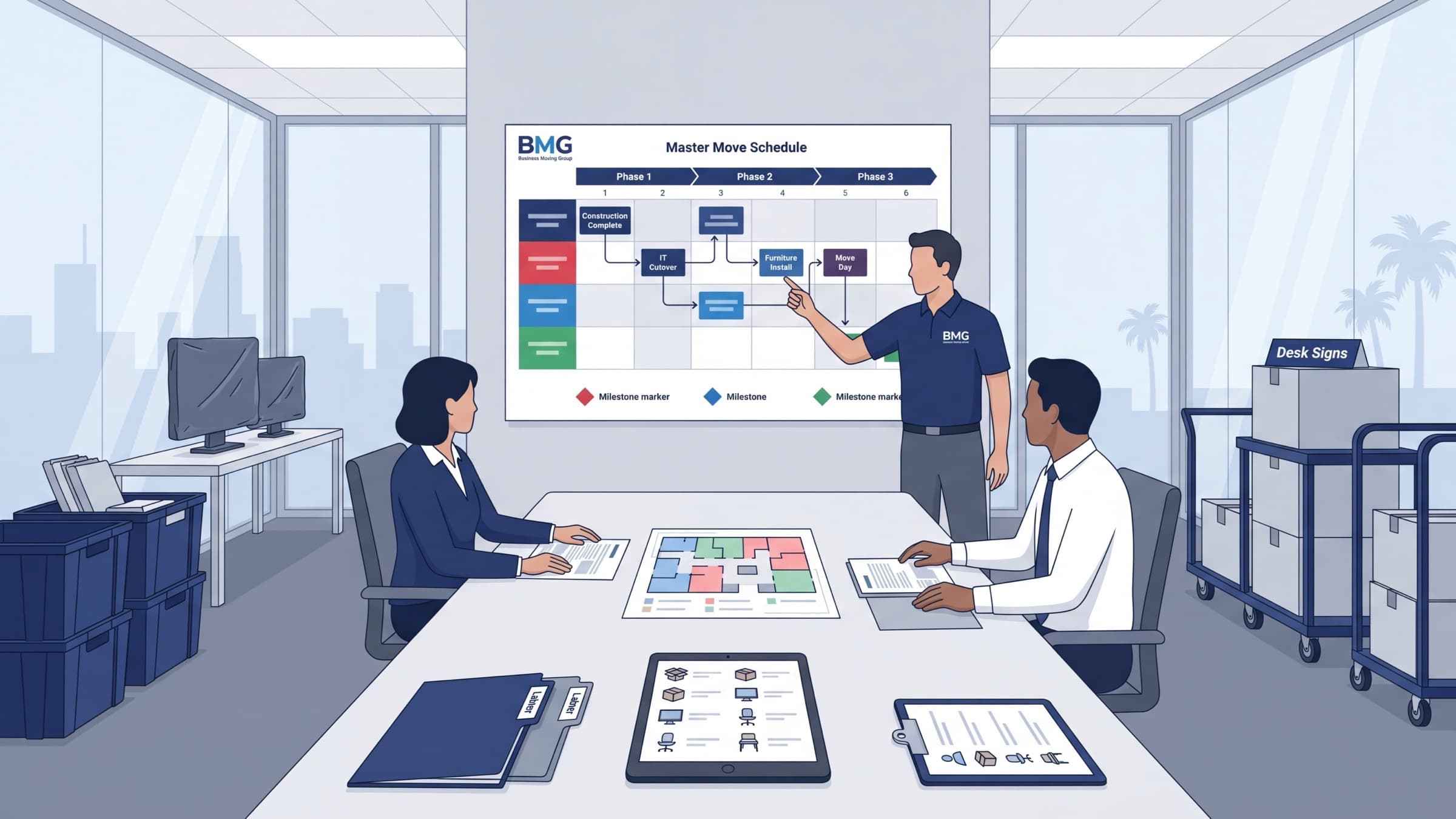 Commercial relocation project manager reviewing a master move schedule with a facility manager and IT lead in an office conference room.