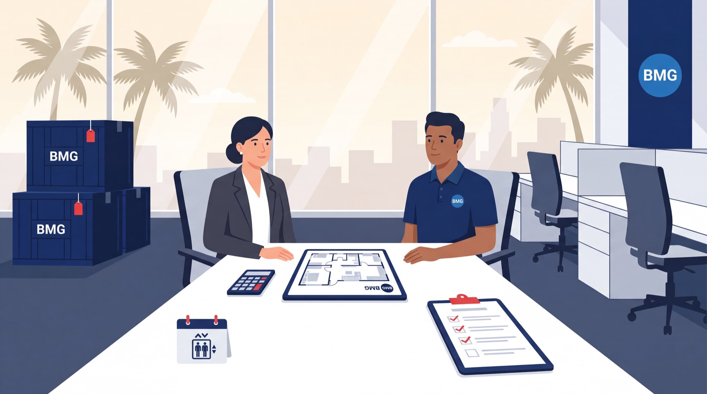 Facility manager and Business Moving Group consultant reviewing office relocation costs and planning materials.