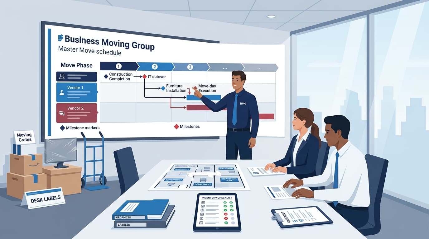 Business Moving Group project manager reviewing a master move schedule with a facility manager and IT lead during commercial office move planning.