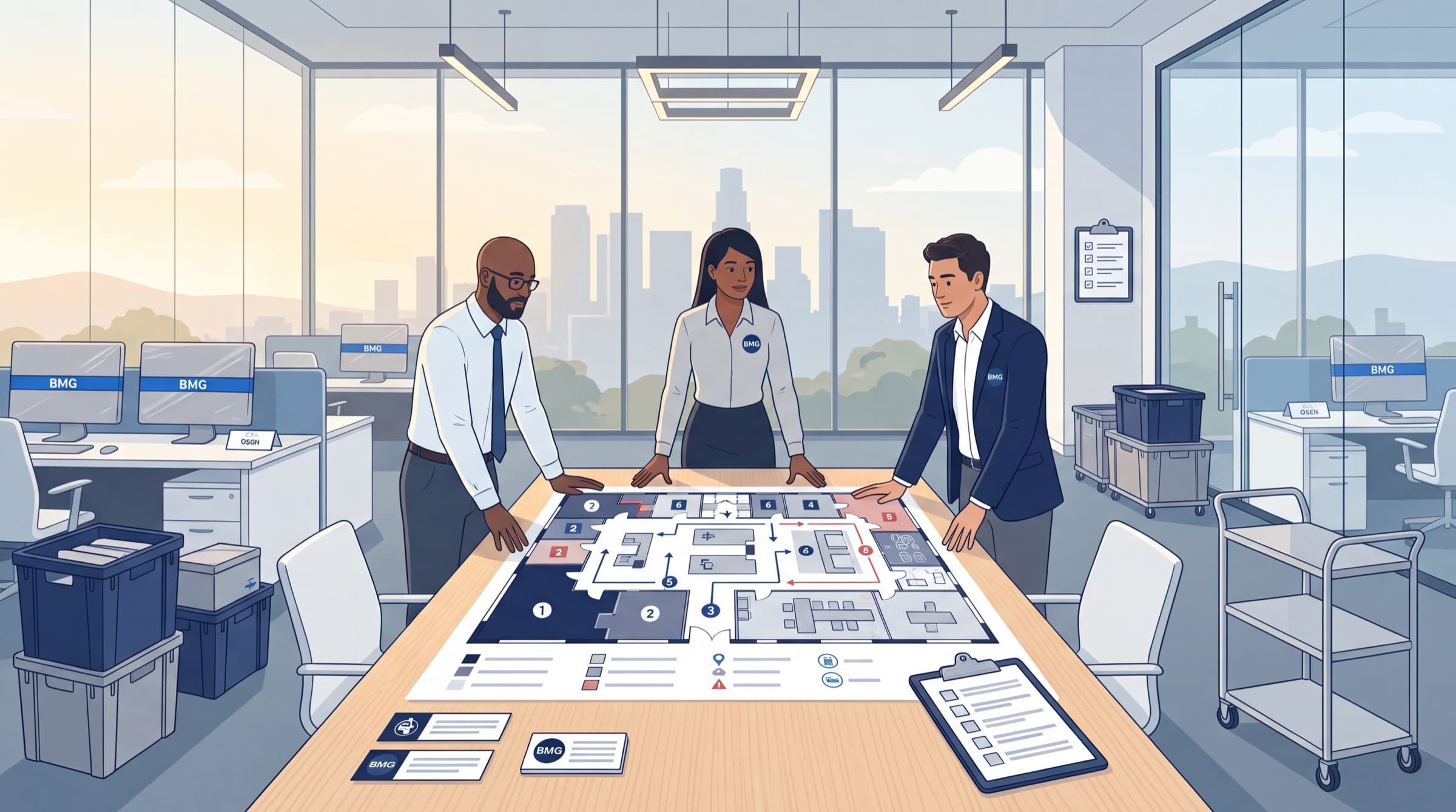 Business Moving Group project manager reviewing an office move floor plan with a facility manager and operations lead.